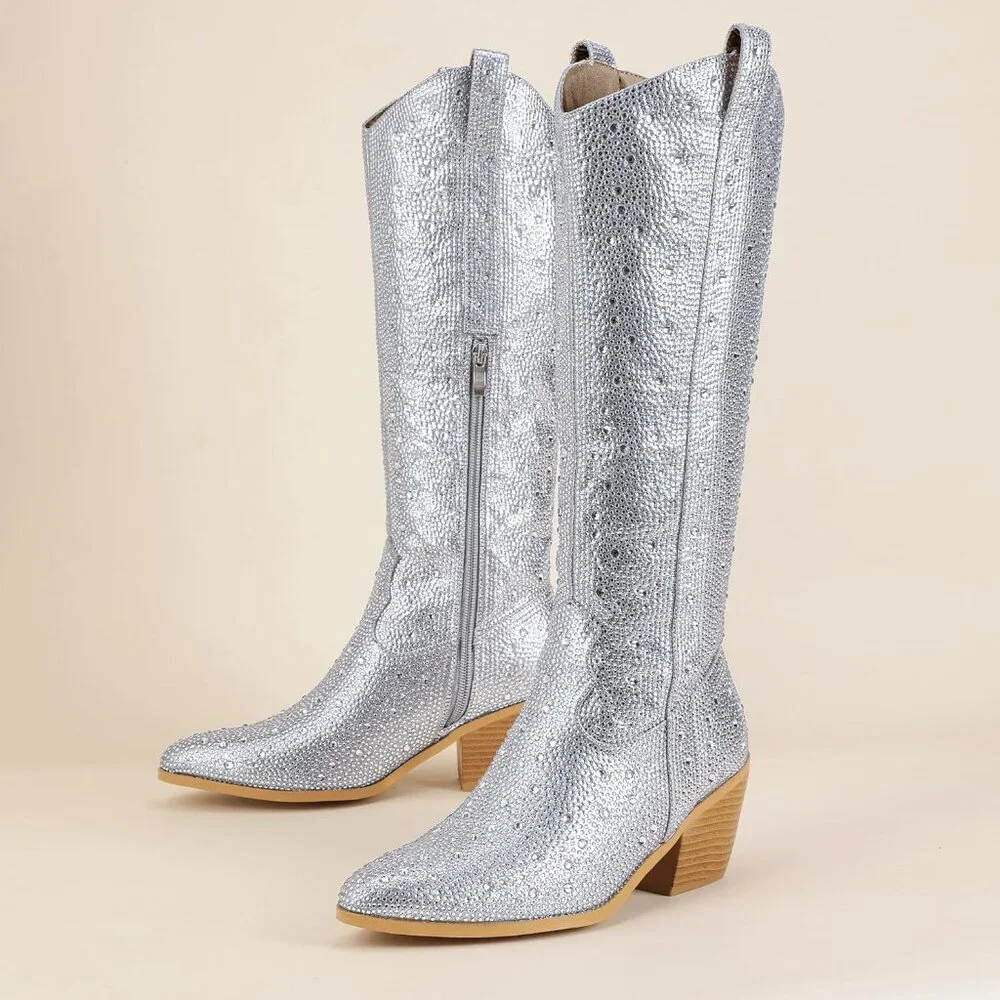 Women's Rhinestone Cowboy Boots Knee High Western Cowgirl Boots Pointed Toe